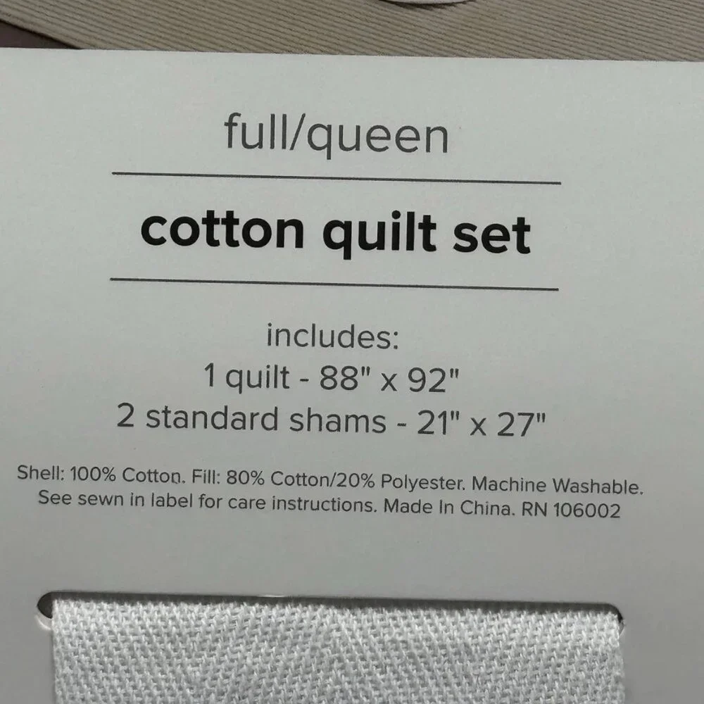 3pc J Joie Home White FULL/QUEEN Quilt Sham Bedding Set Cotton Cottage Farmhouse